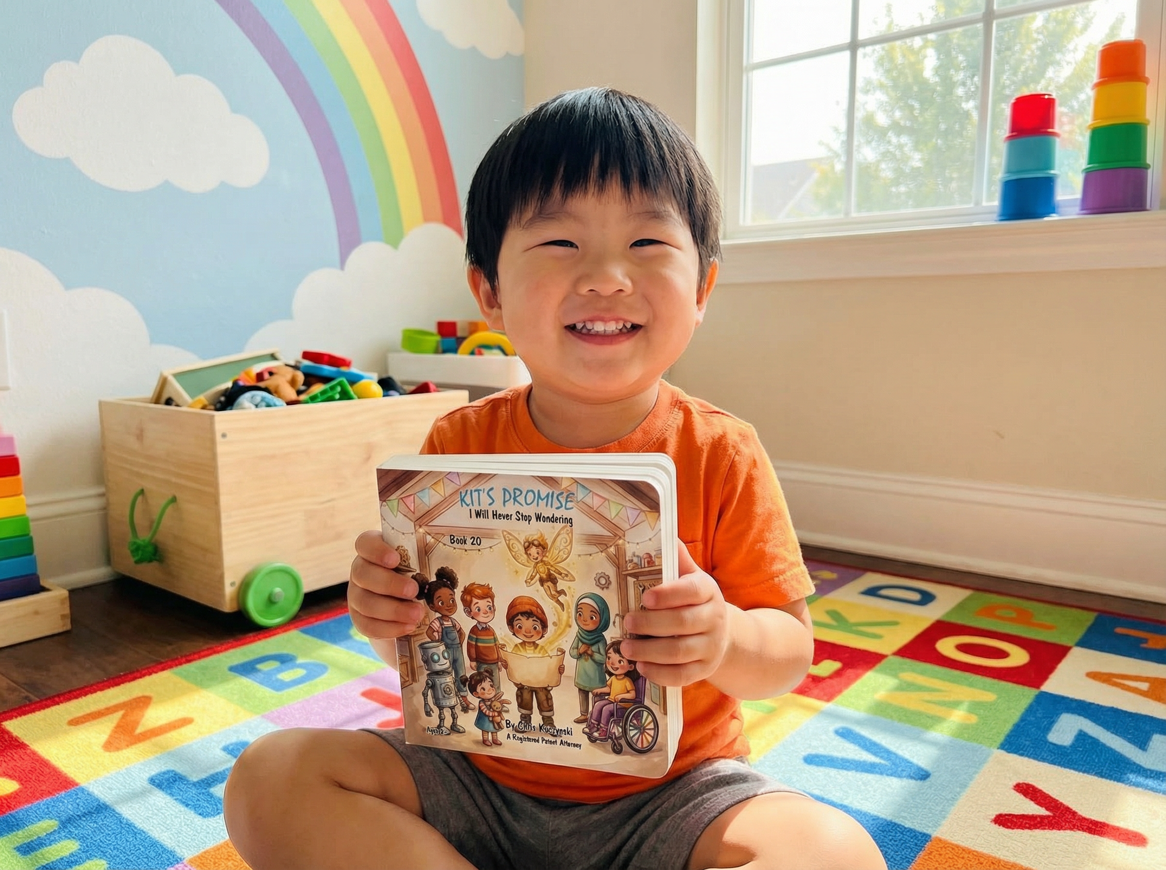 Child holding a book in a colorful room with toys and a rainbow mural. Kit's Promise: I Will Never Stop Wondering (Book 20)