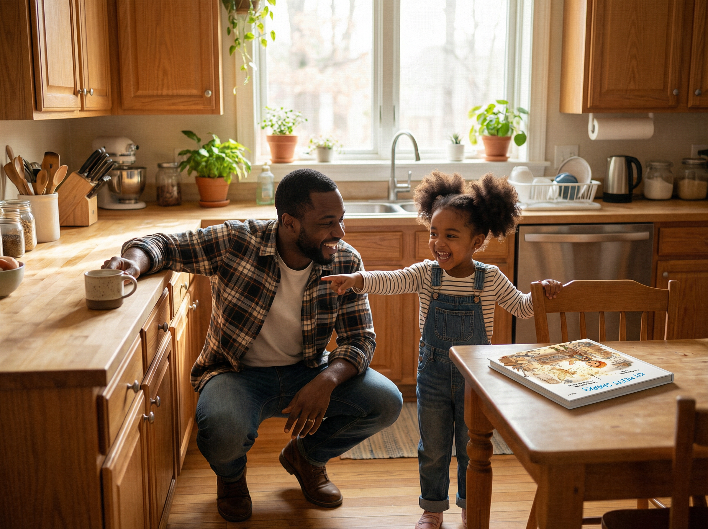 Father and daughter in a kitchen with a pizza box on the table. Kit Meets Sparks: A Magical New Friend (Book 2)
