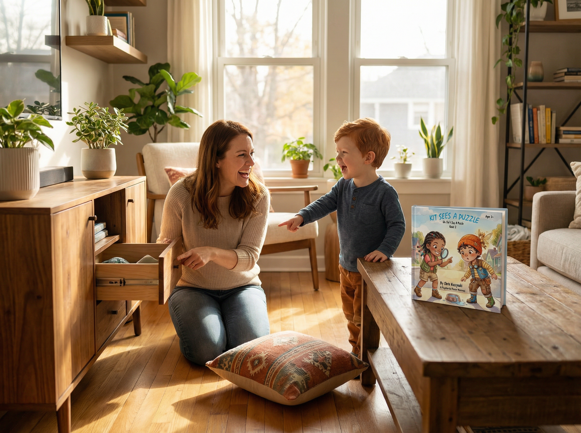 Woman and child in a cozy living room with a book on a coffee table. Kit Sees A Puzzle: Uh Oh! I See A Puzzle (Book 3)