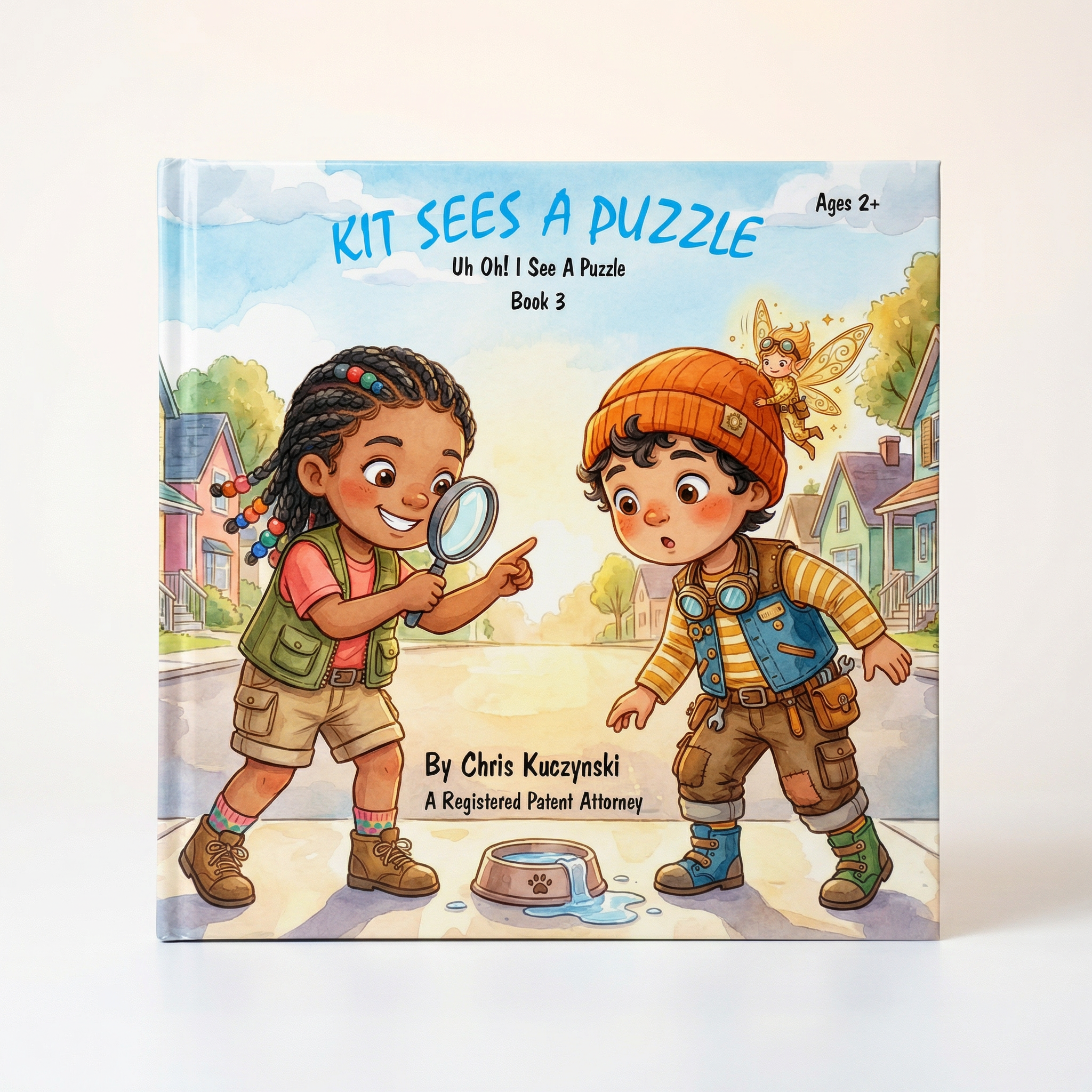 Book cover of 'Kit Sees a Puzzle' with two children and a dog on a suburban street. Kit Sees A Puzzle: Uh Oh! I See A Puzzle (Book 3)