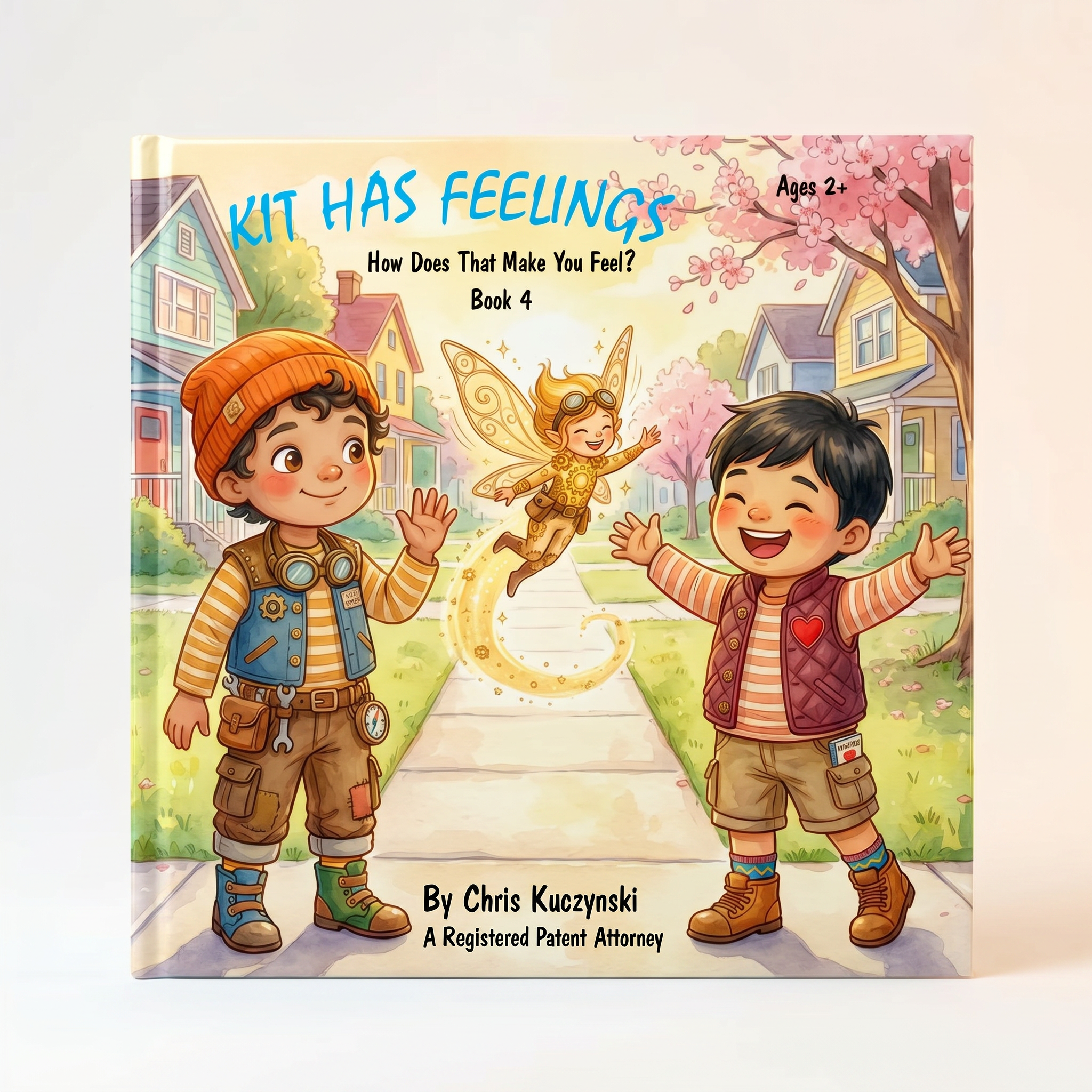 Book cover of 'Kit Has Feelings' with two children and a fairy in an illustrated town setting. Kit Has Feelings: How Does That Make You Feel? (Book 4)