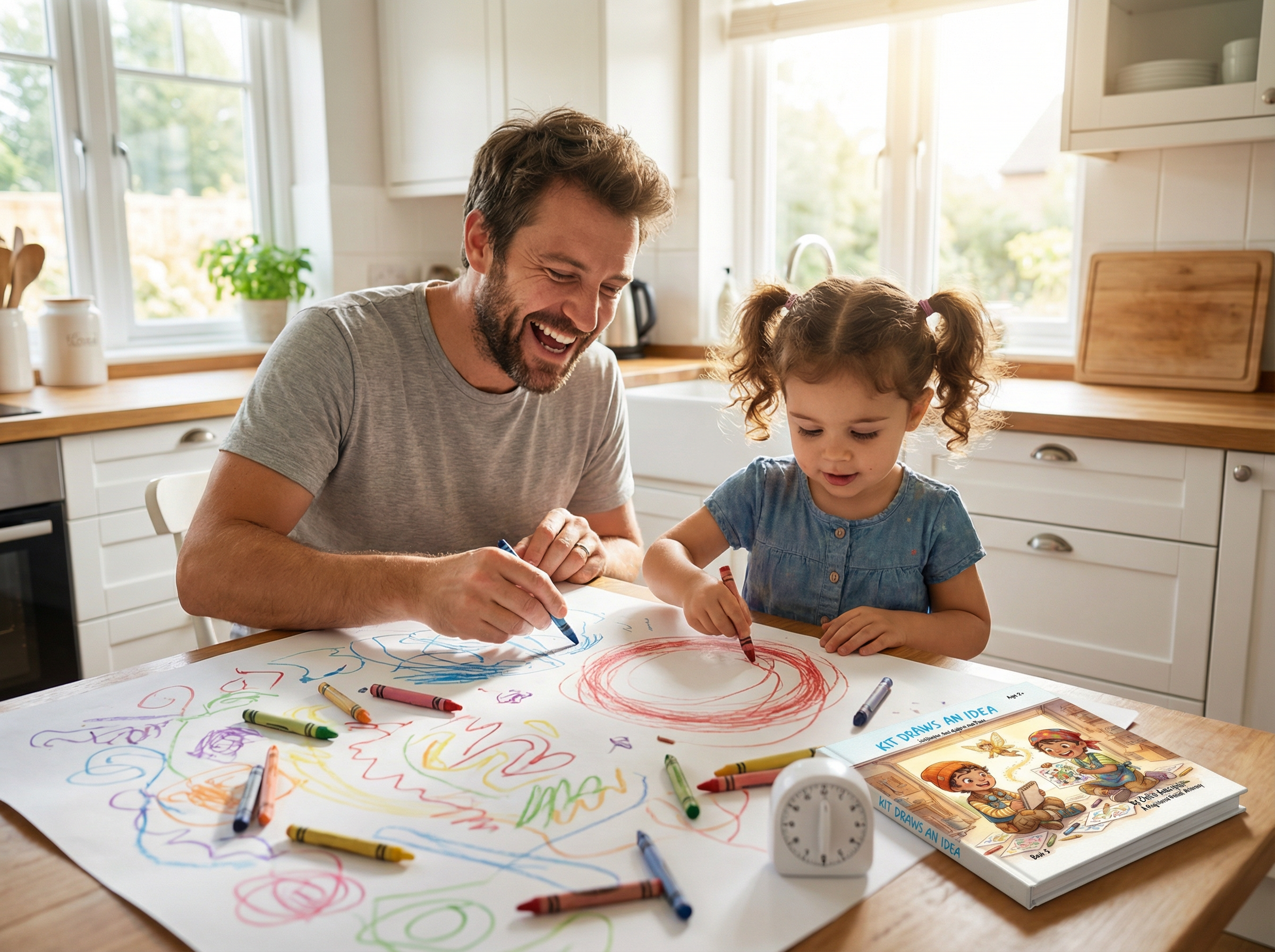 Man and young girl coloring together at a kitchen table. Kit Draws An Idea: Scribbles and Squiggles and Plans (Book 5)