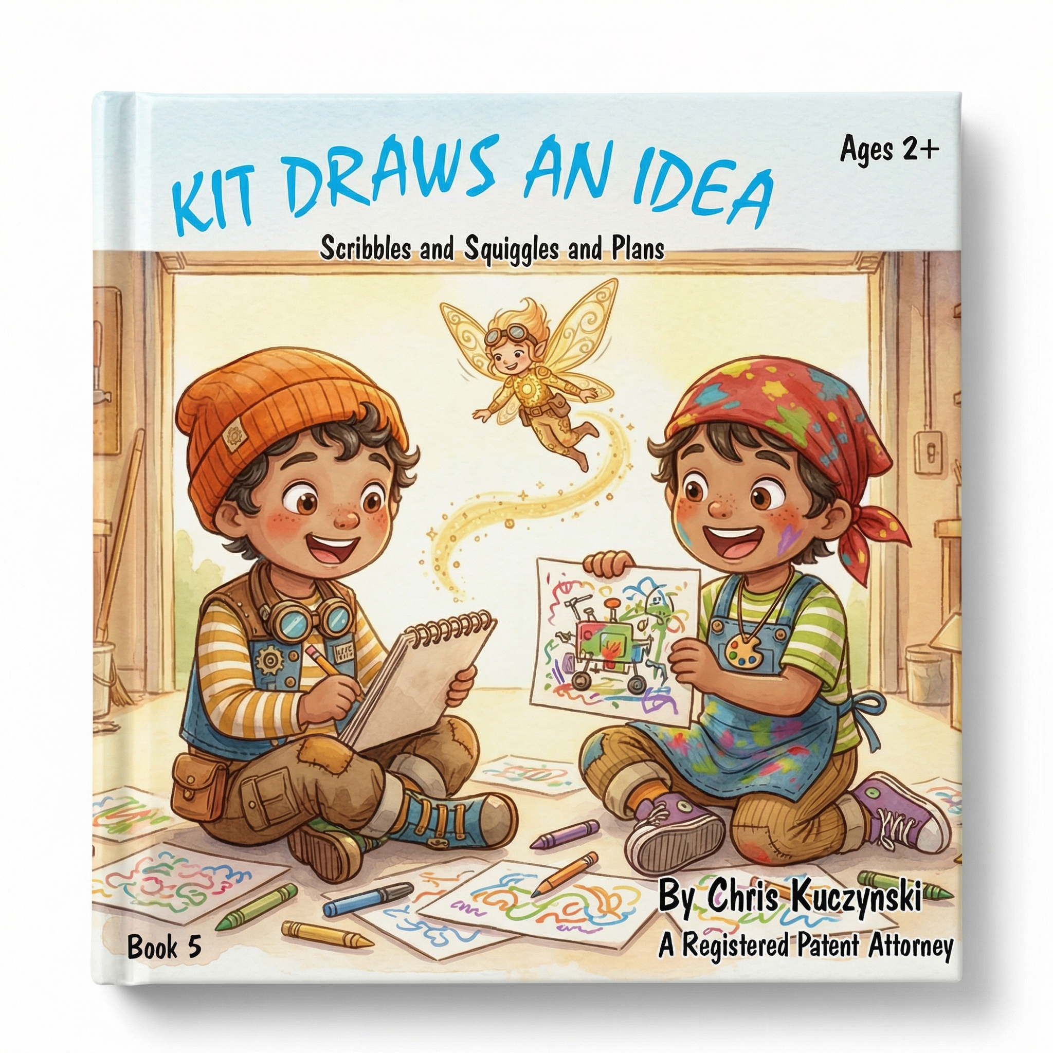 Book cover of 'Kit Draws an Idea' with two children and a fairy on a white background. Kit Draws An Idea: Scribbles and Squiggles and Plans (Book 5)
