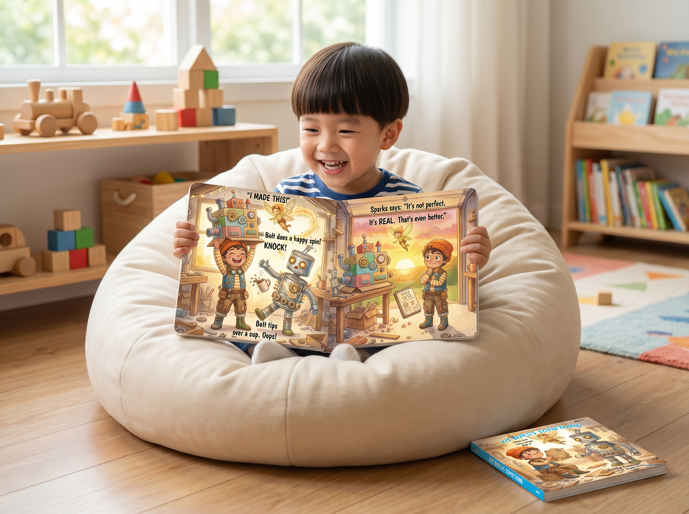 Child sitting on a bean bag reading a book in a room with toys and books. Kit Builds Something: Hands, Tape, and Cardboard (Book 6)