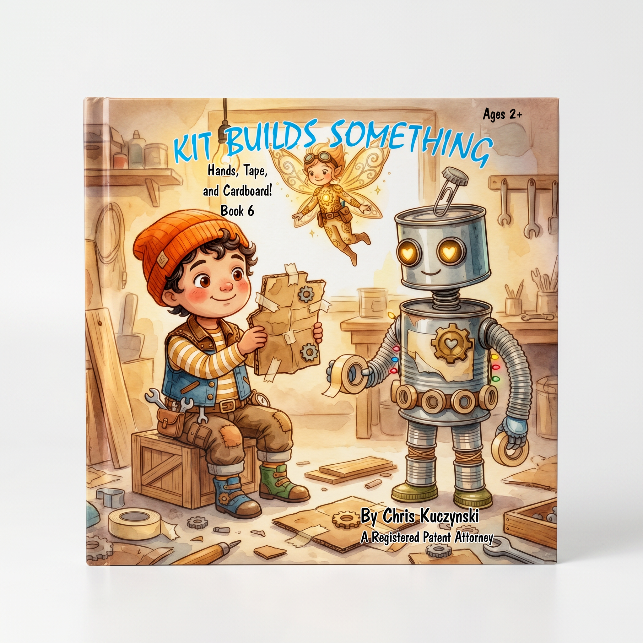 Book cover of 'Kit Builds Something' with a child, robot, and fairy in a workshop setting. Kit Builds Something: Hands, Tape, and Cardboard (Book 6)