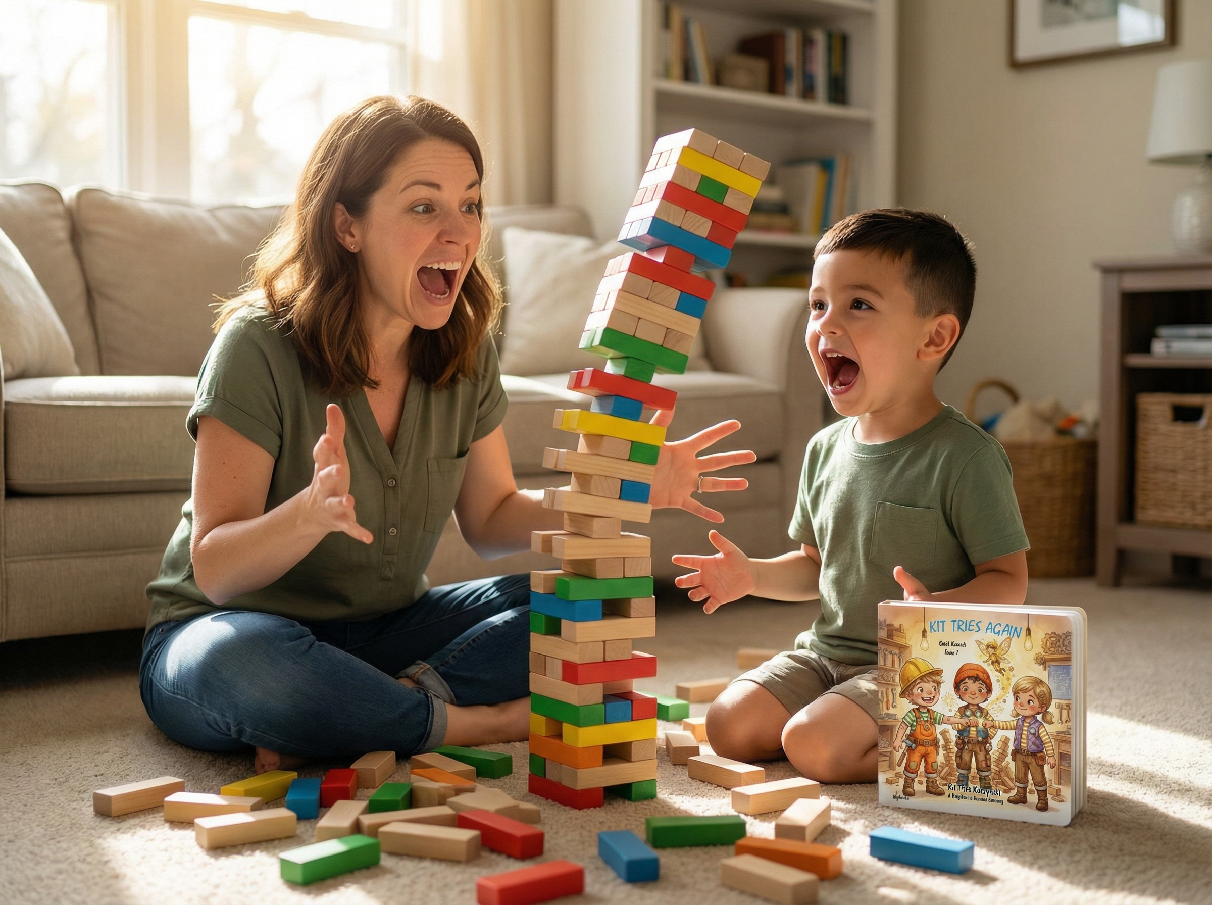 Woman and child playing with colorful building blocks in a living room. Kit Tries Again: Oops! Almost! (Book 7)