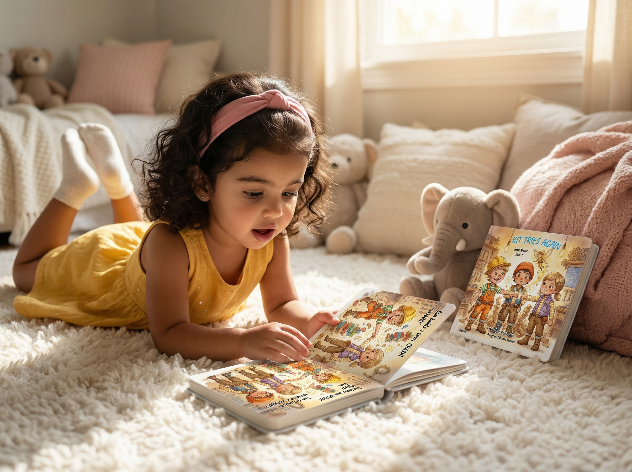 Child reading a book on a carpeted floor with teddy bears and a blanket in the background. Kit Tries Again: Oops! Almost! (Book 7)