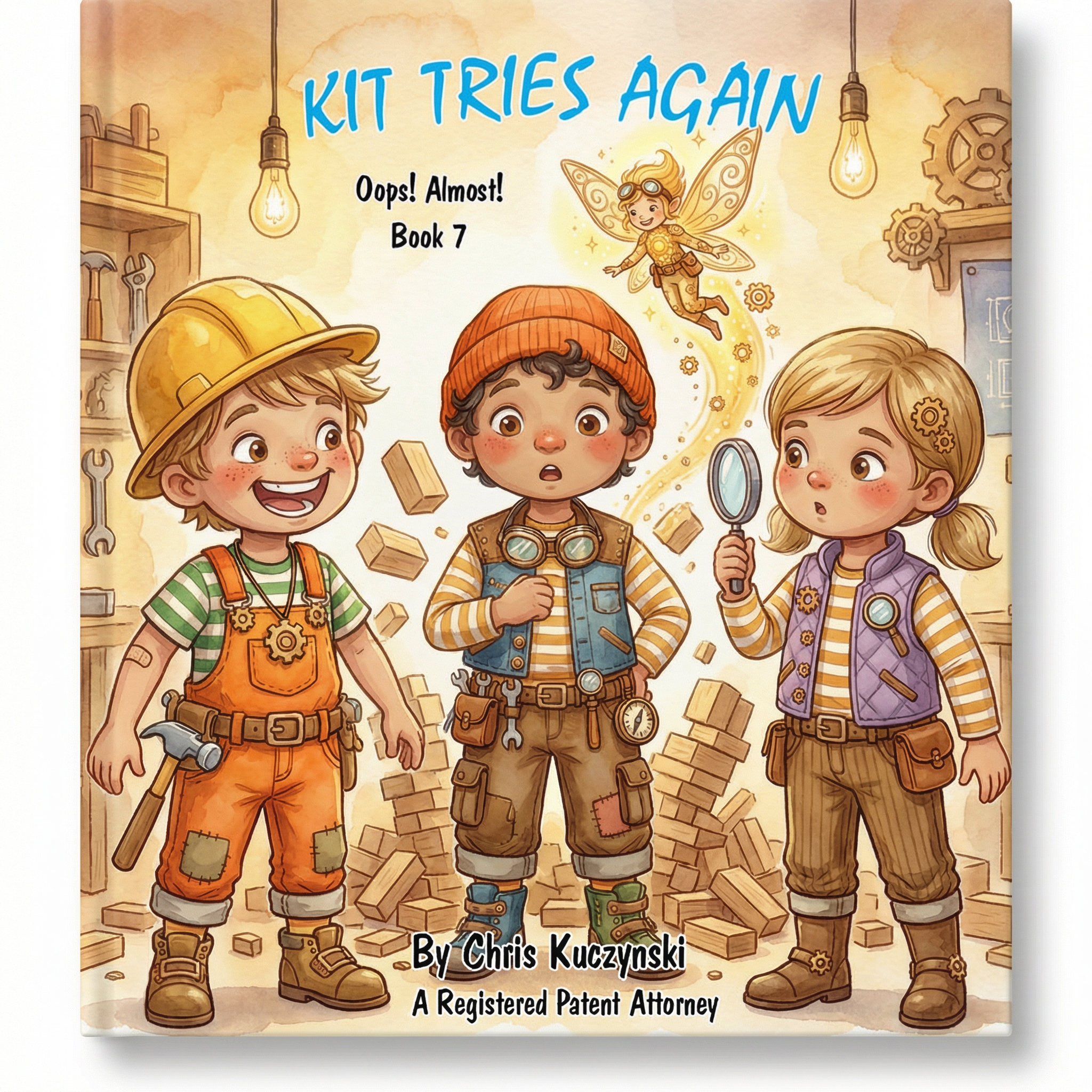 Book cover of 'Kit Tries Again' with three children in a workshop setting. Kit Tries Again: Oops! Almost! (Book 7)