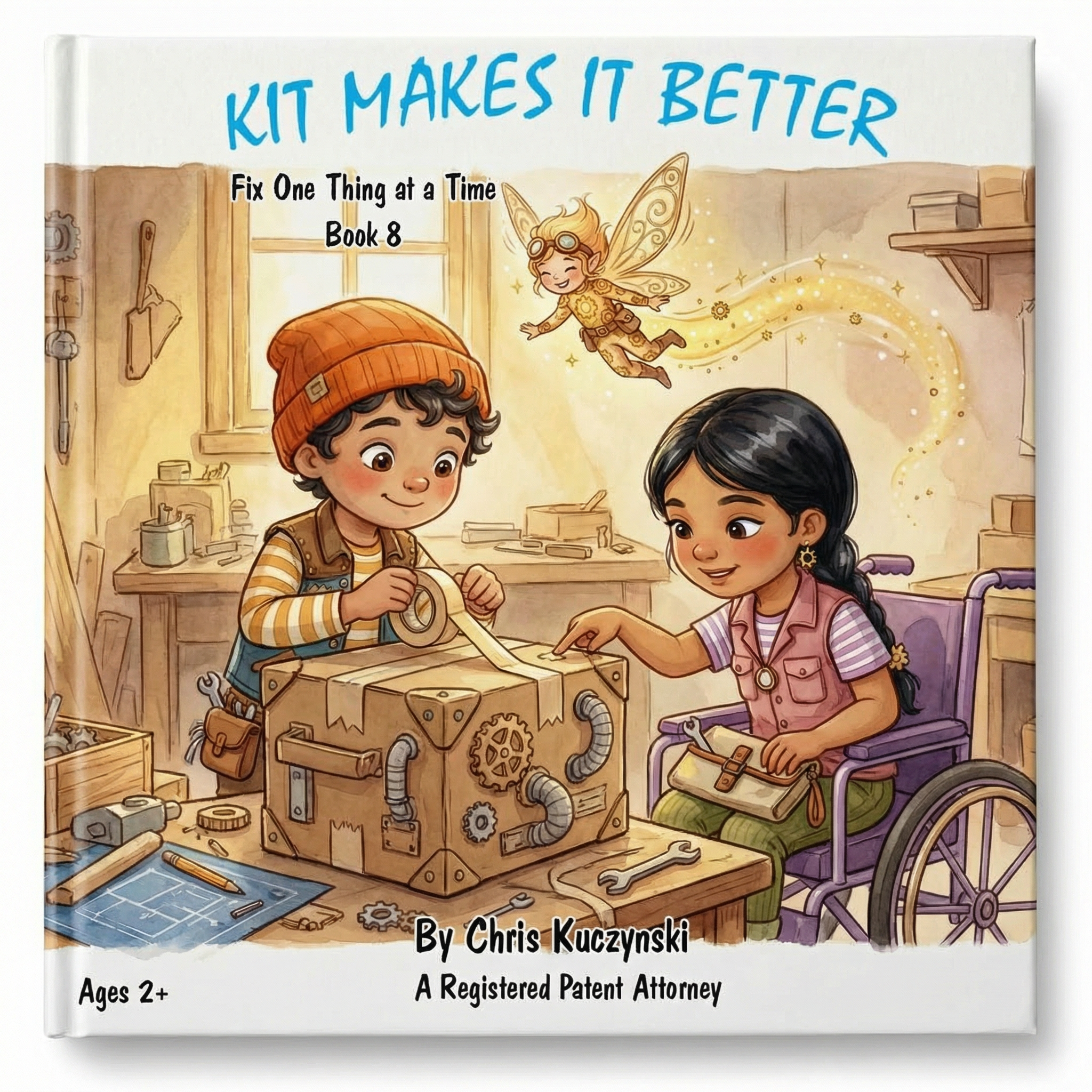 Book cover with two children working on a project, surrounded by tools and a fairy. Kit Makes It Better: Fix One Thing at a Time (Book 8)