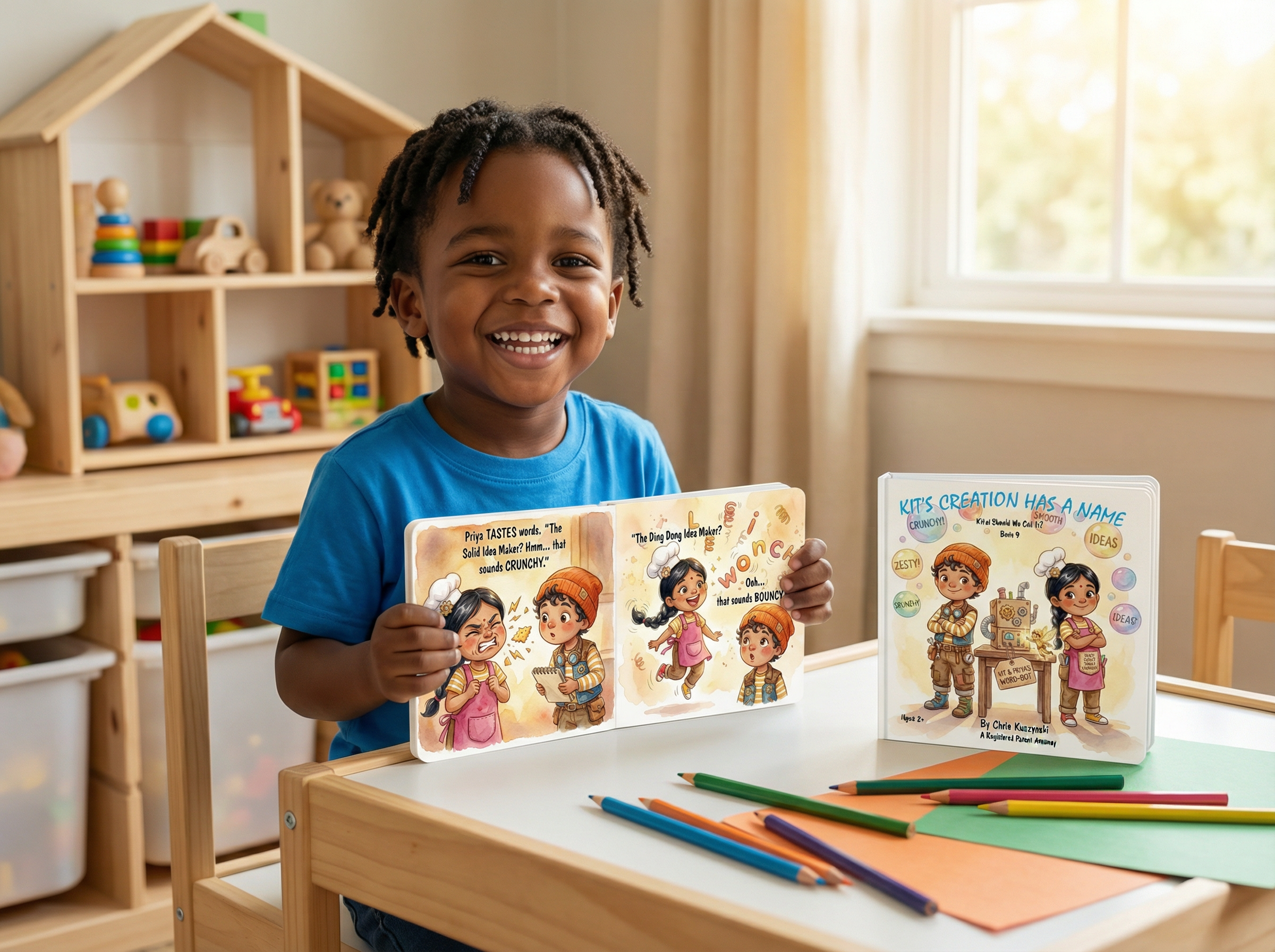 Child holding a children's book in a playroom with educational toys and materials. Kit's Creation Has A Name: What Should We Call It? (Book 9)