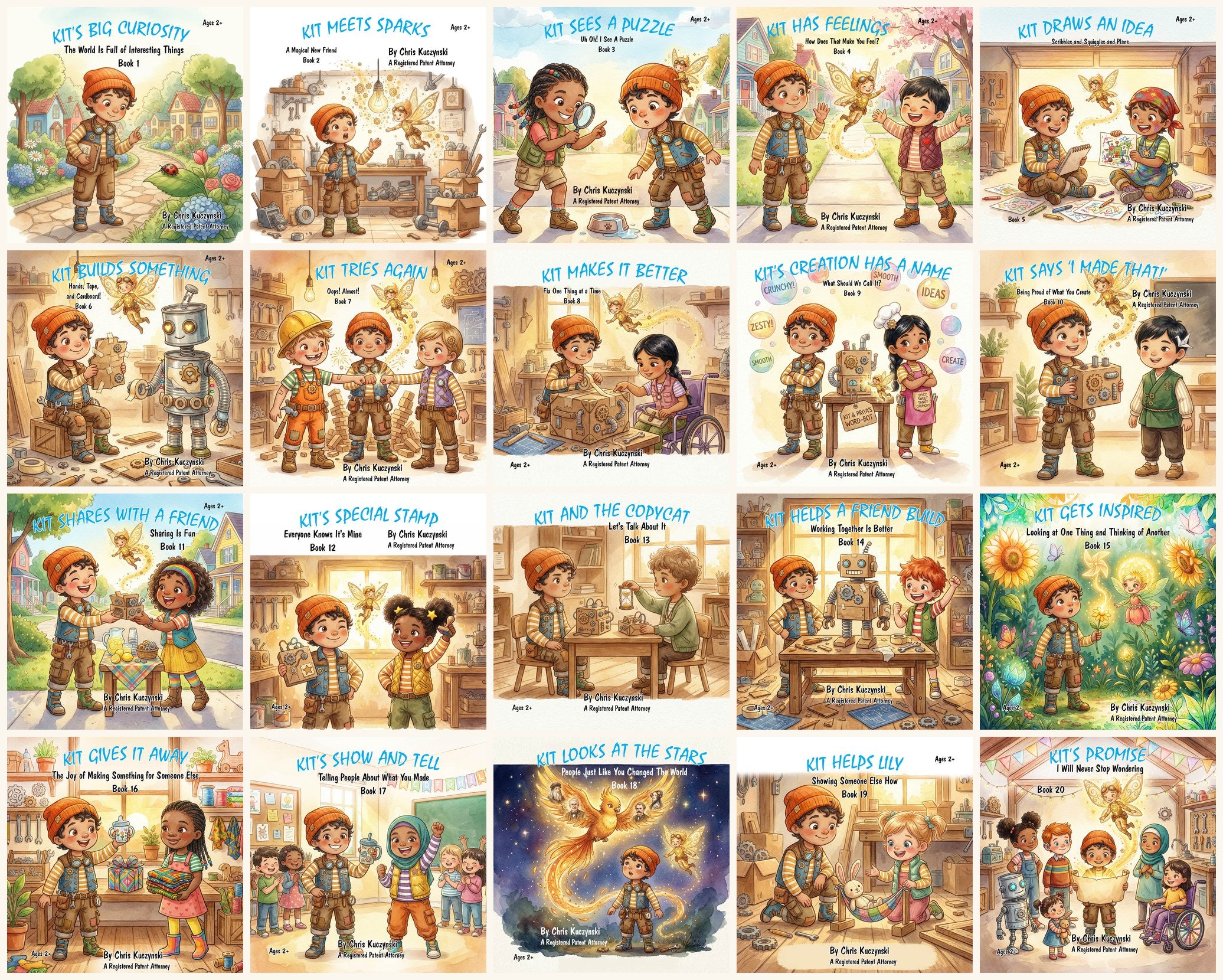 Kit's Little Sparks Complete 20 Book Set, all twenty board book covers laid out in a grid. The full curriculum from wondering to becoming, ages 2 to 4.